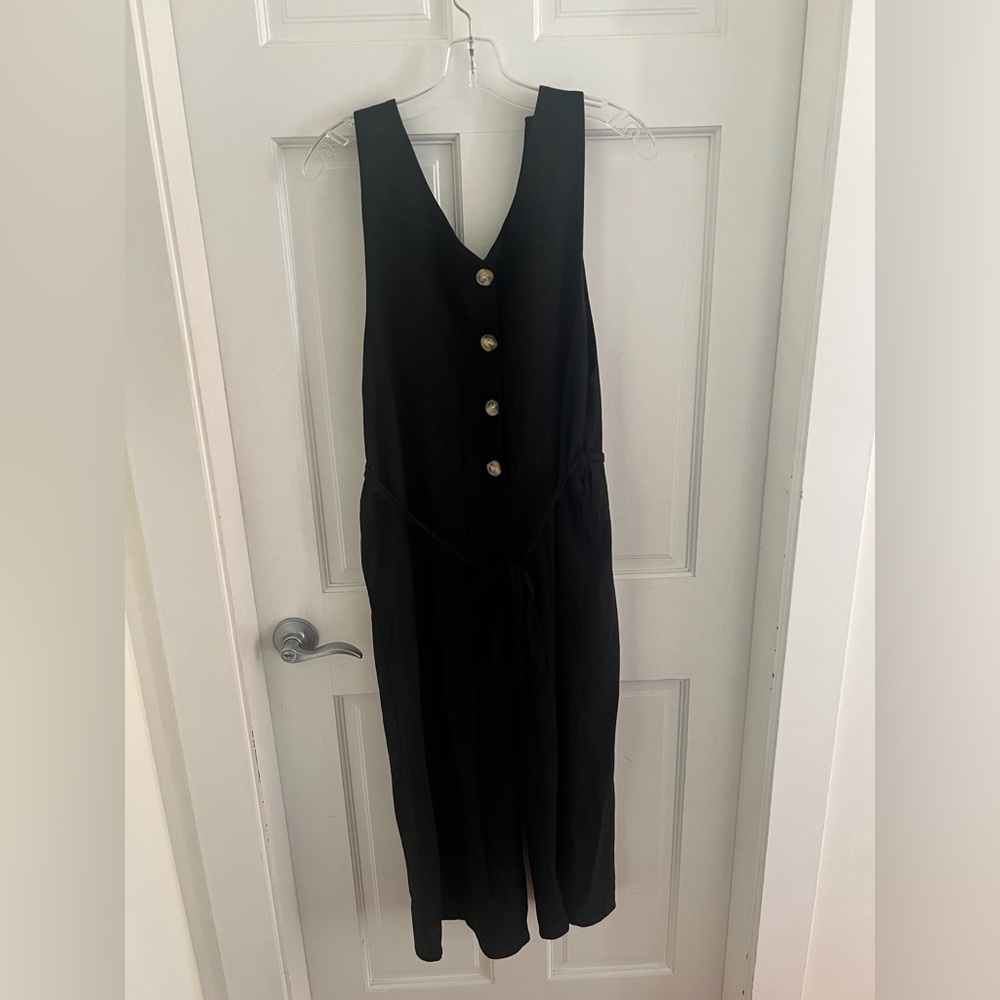 Monteau Linen Blend Black Sleeveless Jumpsuit with Button Detail and Tie Waist